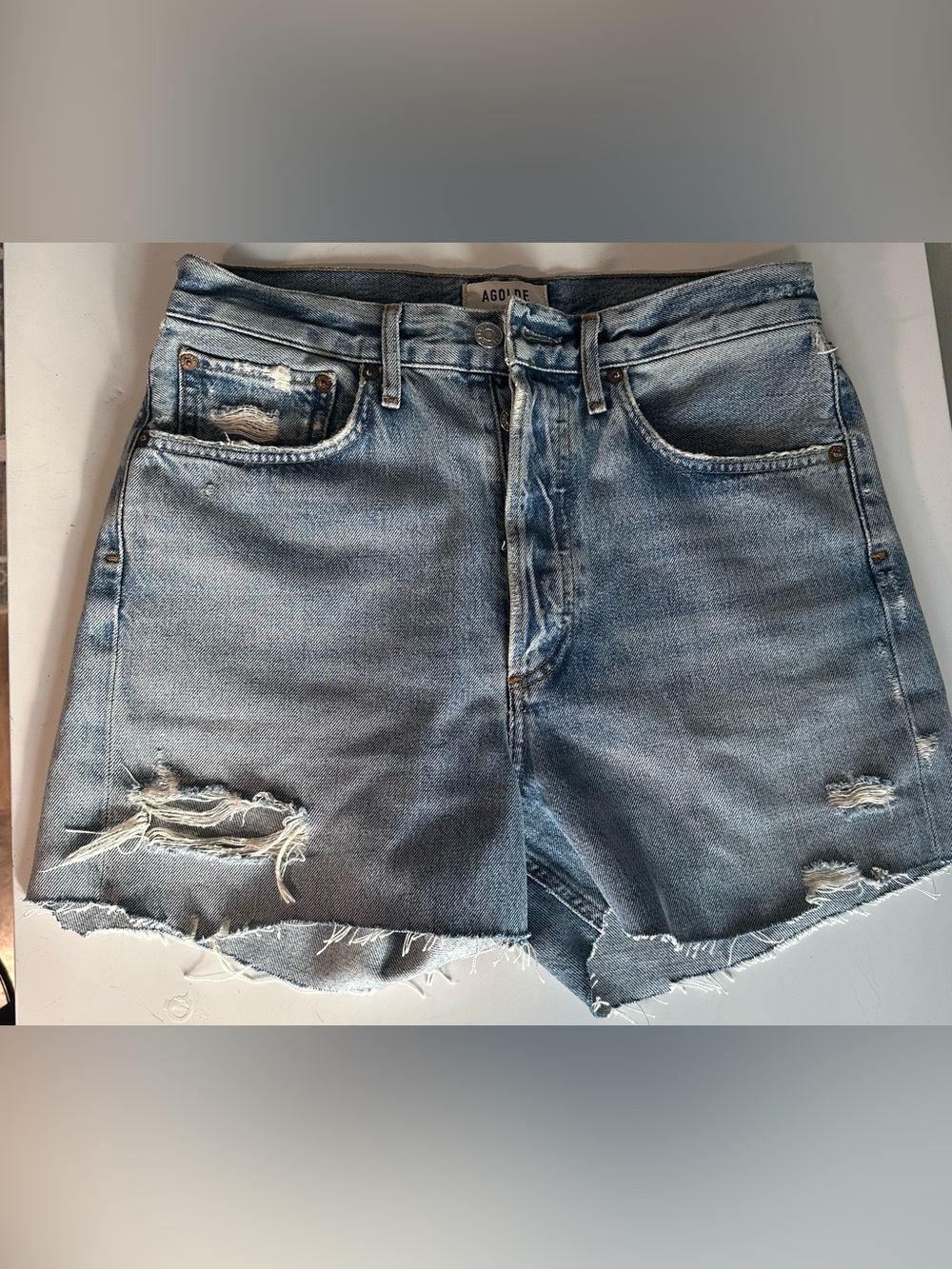 Agolde Light Blue Distressed High-Rise Denim Shorts